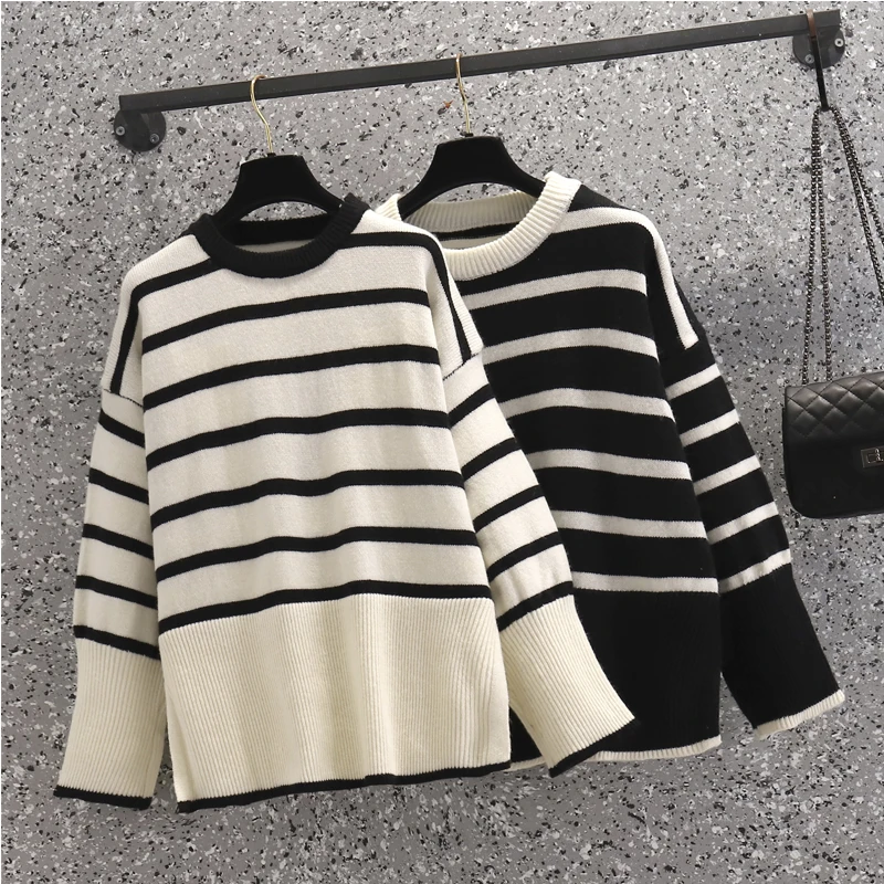 

Black White Striped Plus Large Size Oversize Korean Style Fashion Pullovers For Autumn Women'S Clothing Ladies Sweaters 2021 Top