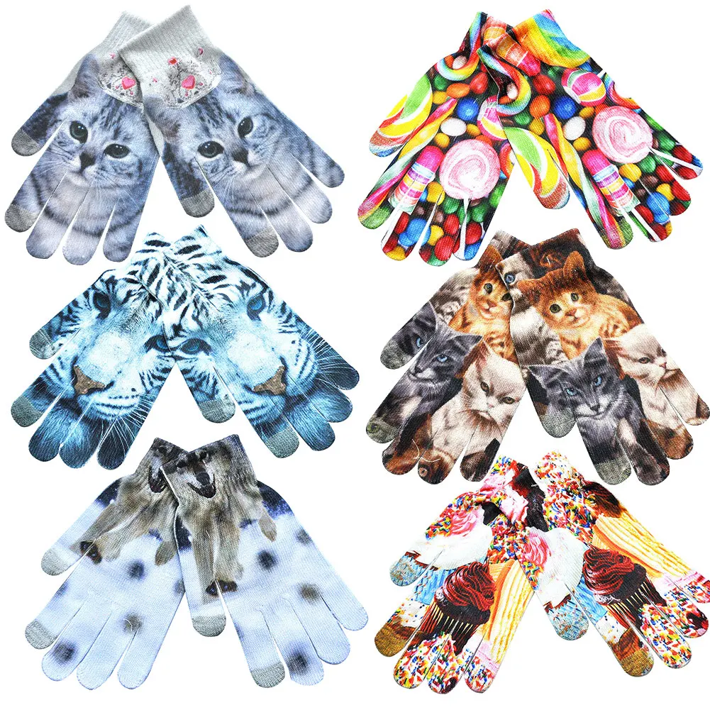 

New 1 Pair Winter Warm Color Printed Touch Screen Full Finger Knitted Unisex Gloves Guantes Female Crochet Luvas Thicken