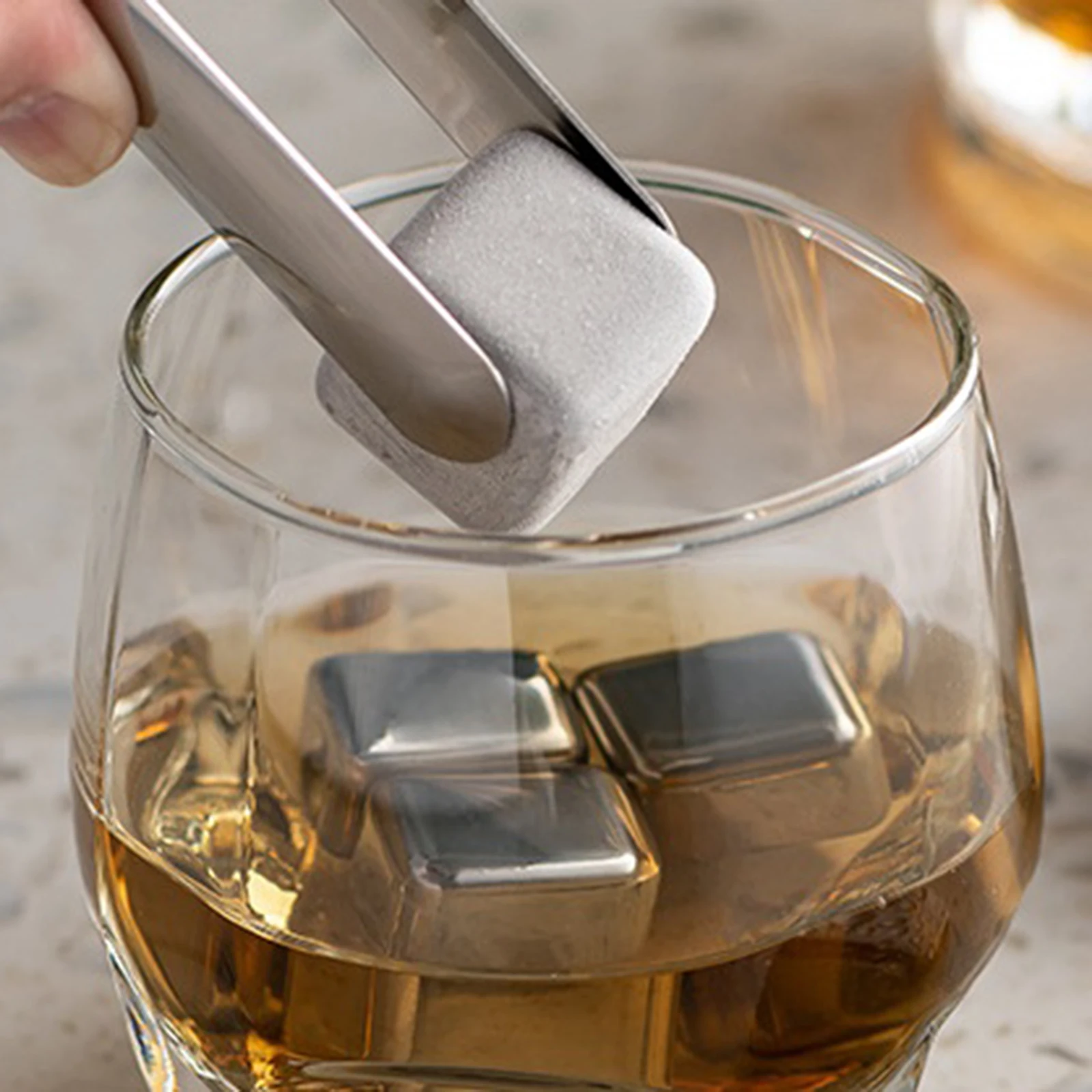 

Whiskey Stones Set Reusable Ice Cubes 4Pcs Stainless Steel Chilling Stones with Ice Tongs Storage Box