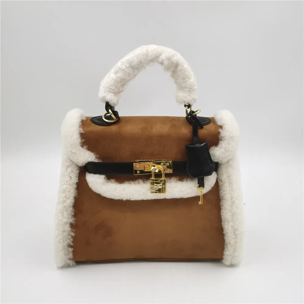 

Winter Real Fur Shoulder Lady Handbag Fashion Sherpa Suede Crossbody Bag Velvet Shoulder Bag