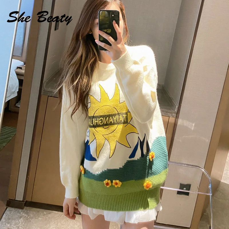 

She Beaty Women Sweater Pullover 2021 Autumn Winter Clothes Korean Fashion Loose Casual Letters Streetwear Traf Y2k Tops Clothes