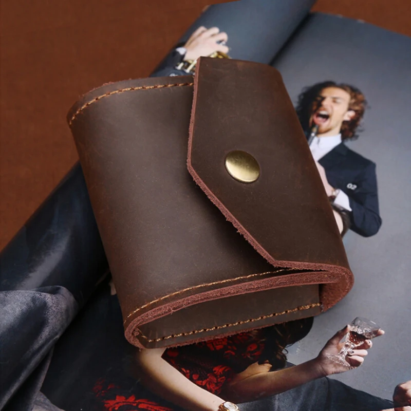 

New Card Holder Handmade Vintage Genuine Leather Coin Purse Pouch Portable Headset Box Earphone Carring Bag Headphone Package
