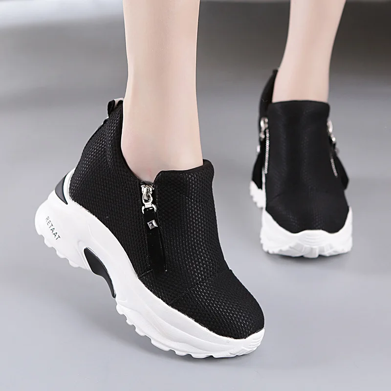 

Spring Black Wedges Sneakers Platform Shoes Thick Bottom Fashion Zipper Non-slip Casual Korean Women's Vulcanized Shoes N1-01