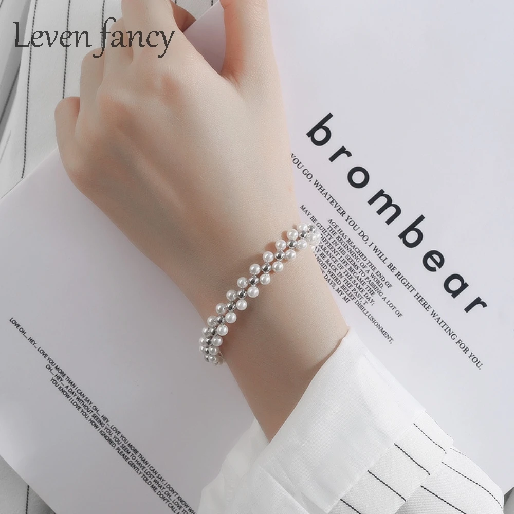 

Multi Layer Handmade Woven 925 Sterling Silver Beaded White Pearl Bracelet Women Wedding Jewelry Gift Bridal Elastic Bracelets