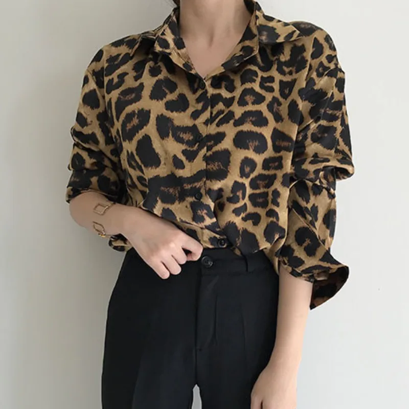 

2021 Spring Korean Chic Fashionable Sexy Leopard Print Loose Retro Versatile Long Sleeve Shirt Female Western Style Top