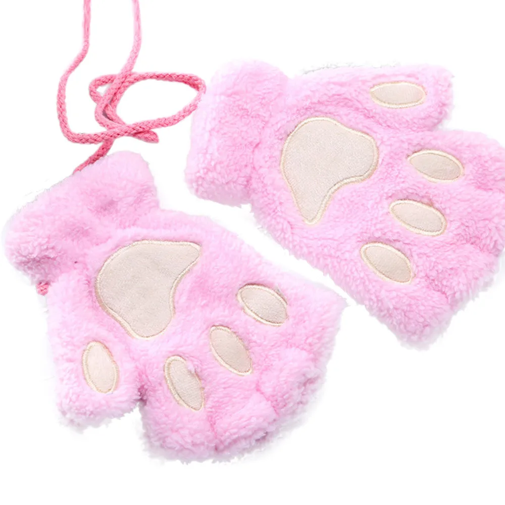 Pink Зимние милые женские перчатки с рисунком медведя, когтя, лапы, рукавицы из плюша, короткие перчатки для пальцев, женские полузакрытые женские перчатки - Цвет: Pink