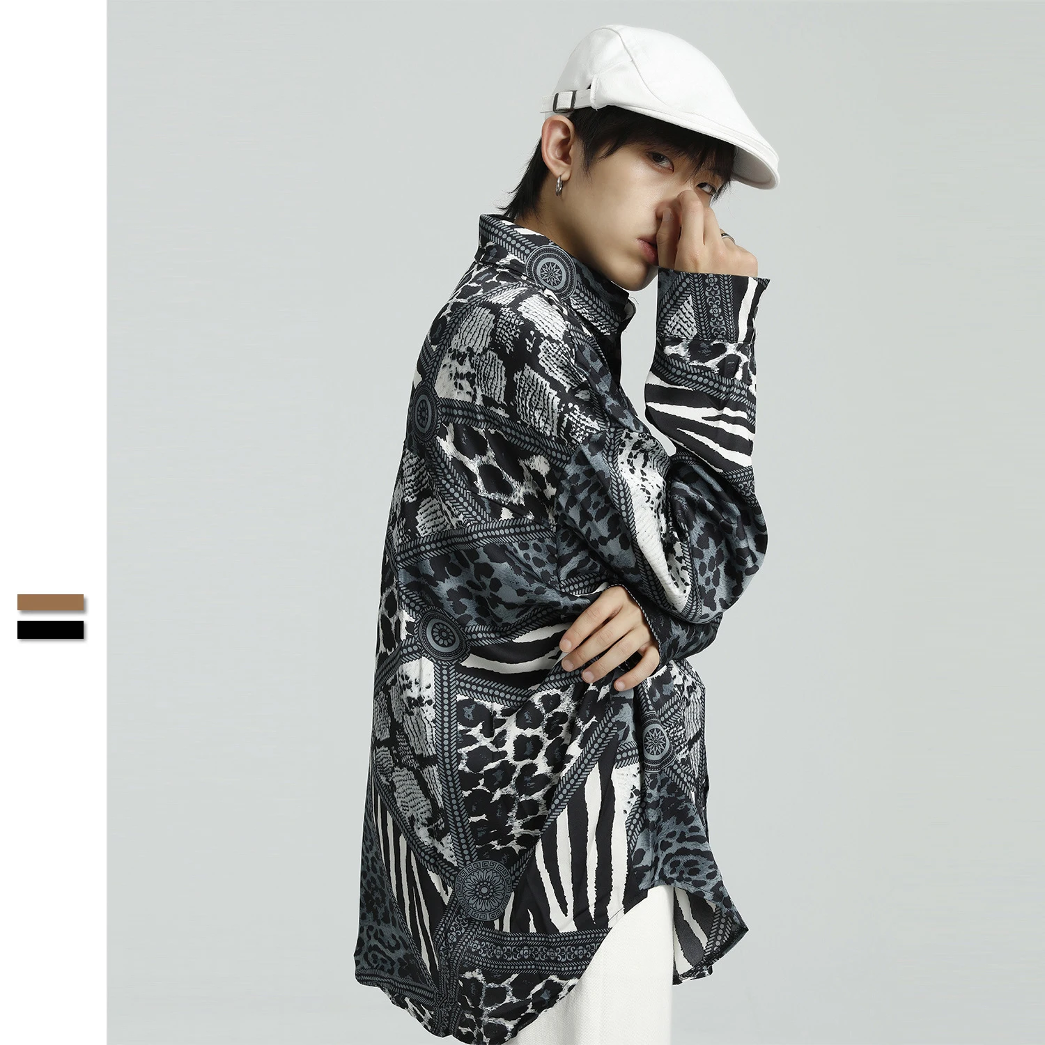 UNCLEDONJM Мужская Повседневная Свободная рубашка с отложным воротником и длинными