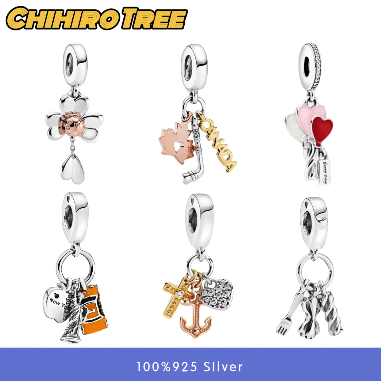 Женские шармы-бусины из серебра 925 пробы с розовыми бабочками и сердцами |