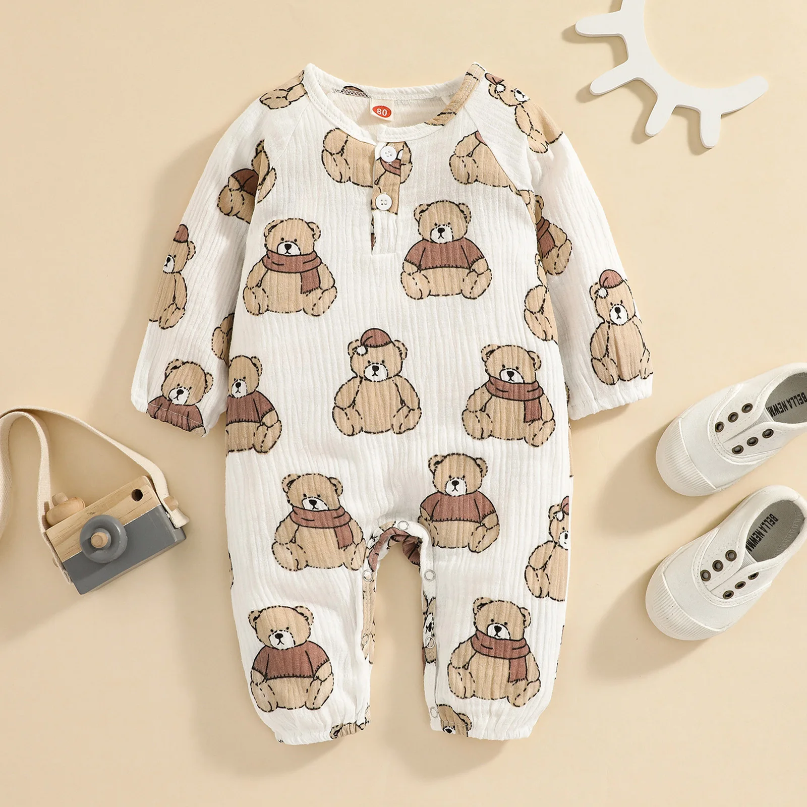 

Newborn Bear Print Jumpsuit Toddler Autumn Casual Long Sleeve Round Neck Romper