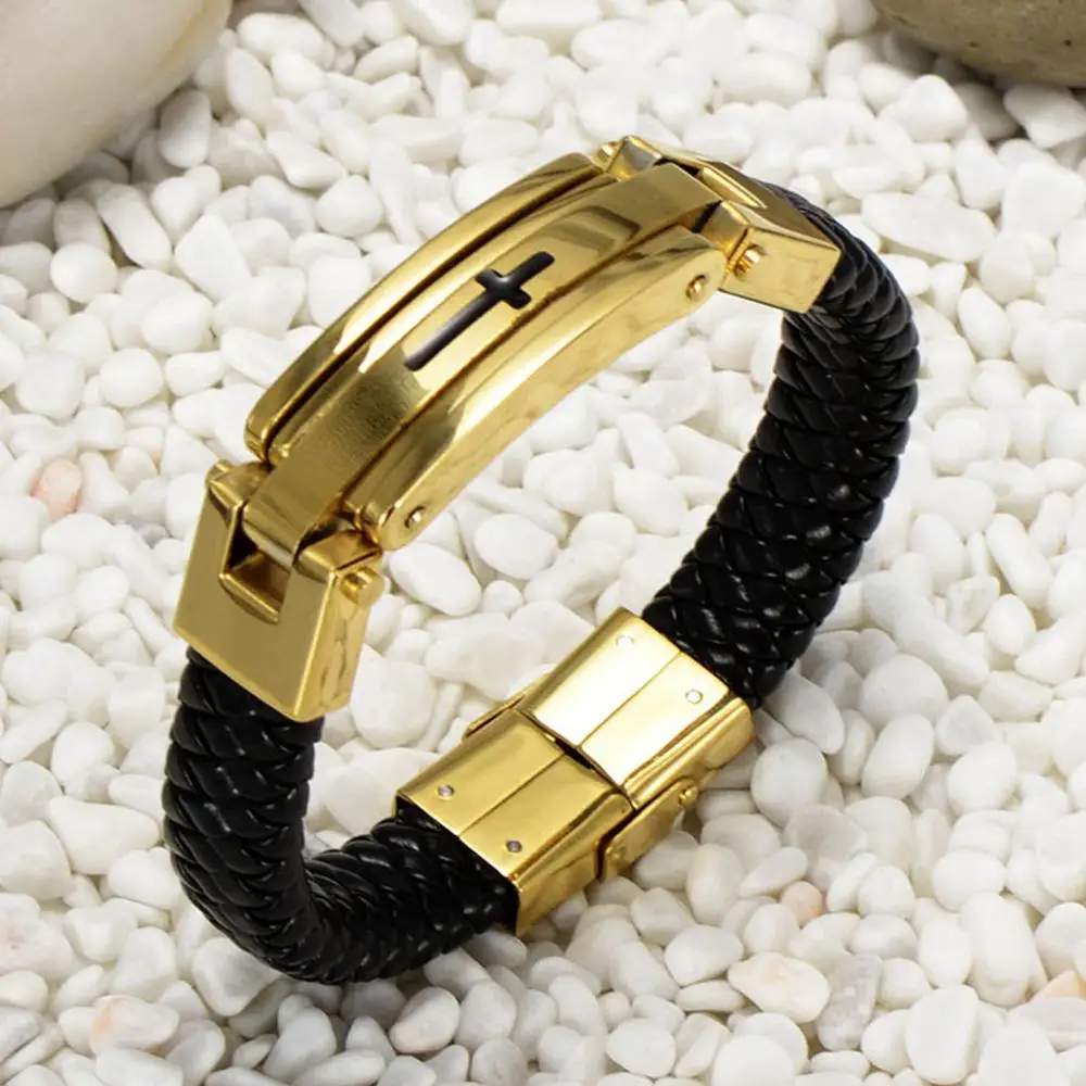 Панк Крест из нержавеющей стали Плетеный Браслет-манжета черный кожаный браслет