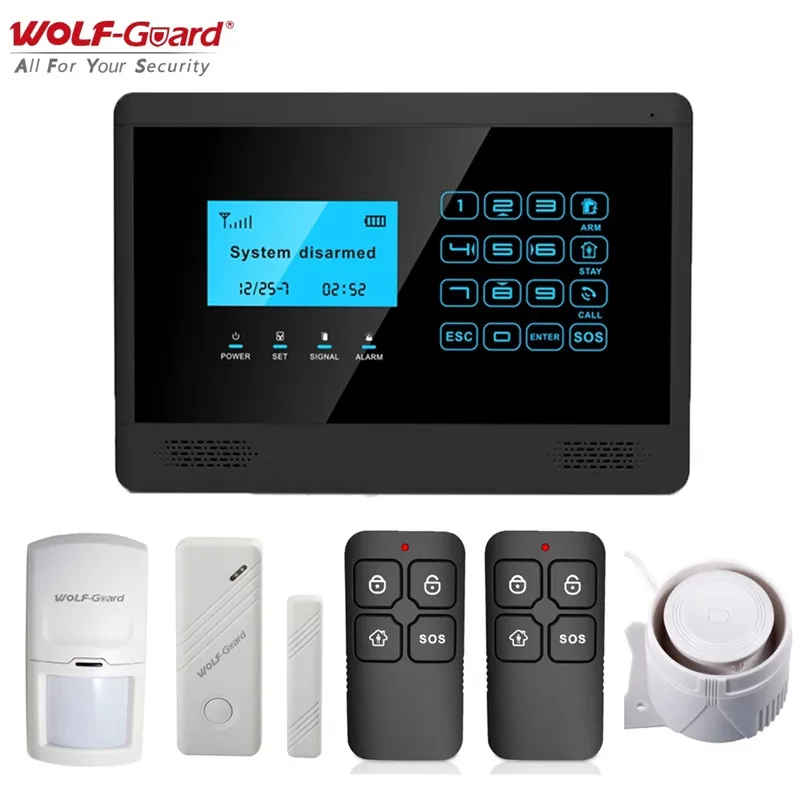 Wolf-Guard Wireless LCD GSM SMS Home Alarm Security Burglar System 433MHz App Control PIR Motion Detector Door Window Sensor