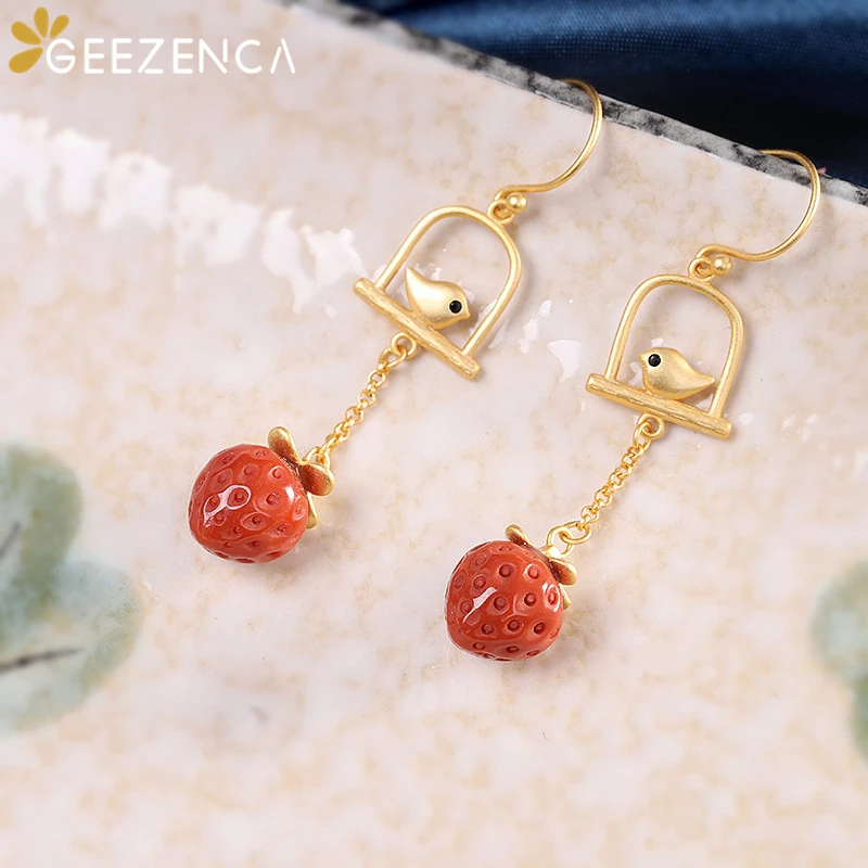 

925 Sterling Silver Gold Plated Bird Agate Drop Earrings For Women Fine Jewelry Strawberry Tassel Earring Cute Trendy Party Gift