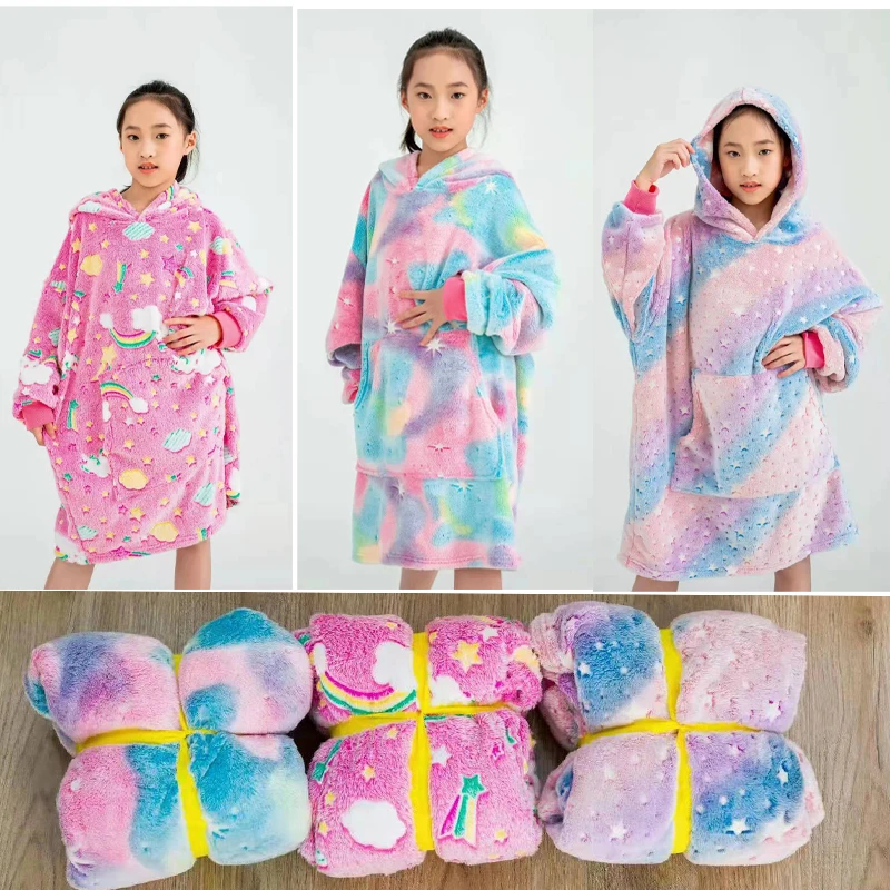 

Luminous Thickened Warm Thick TV Hooded Sweater Blanket adults women Kids Multi-functions Night Gown Blanket With Sleeves