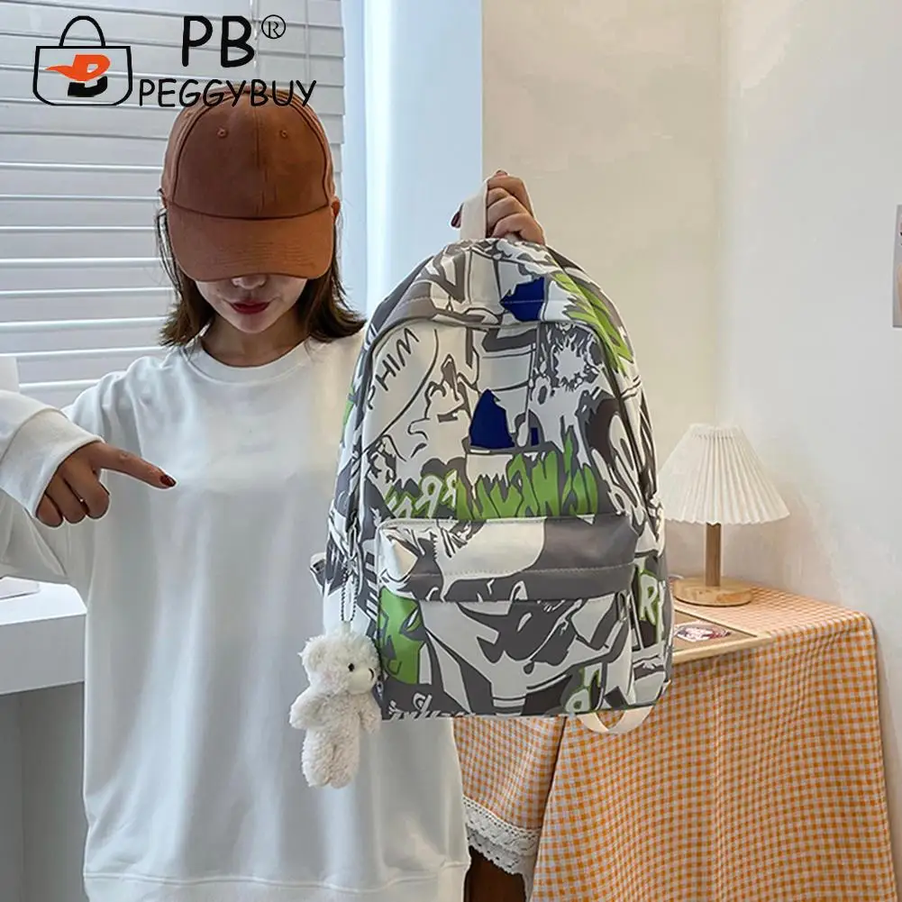 

Женский модный рюкзак на плечо с принтом граффити в стиле преппи, повседневный Универсальный вместительный рюкзак из ткани «Оксфорд»