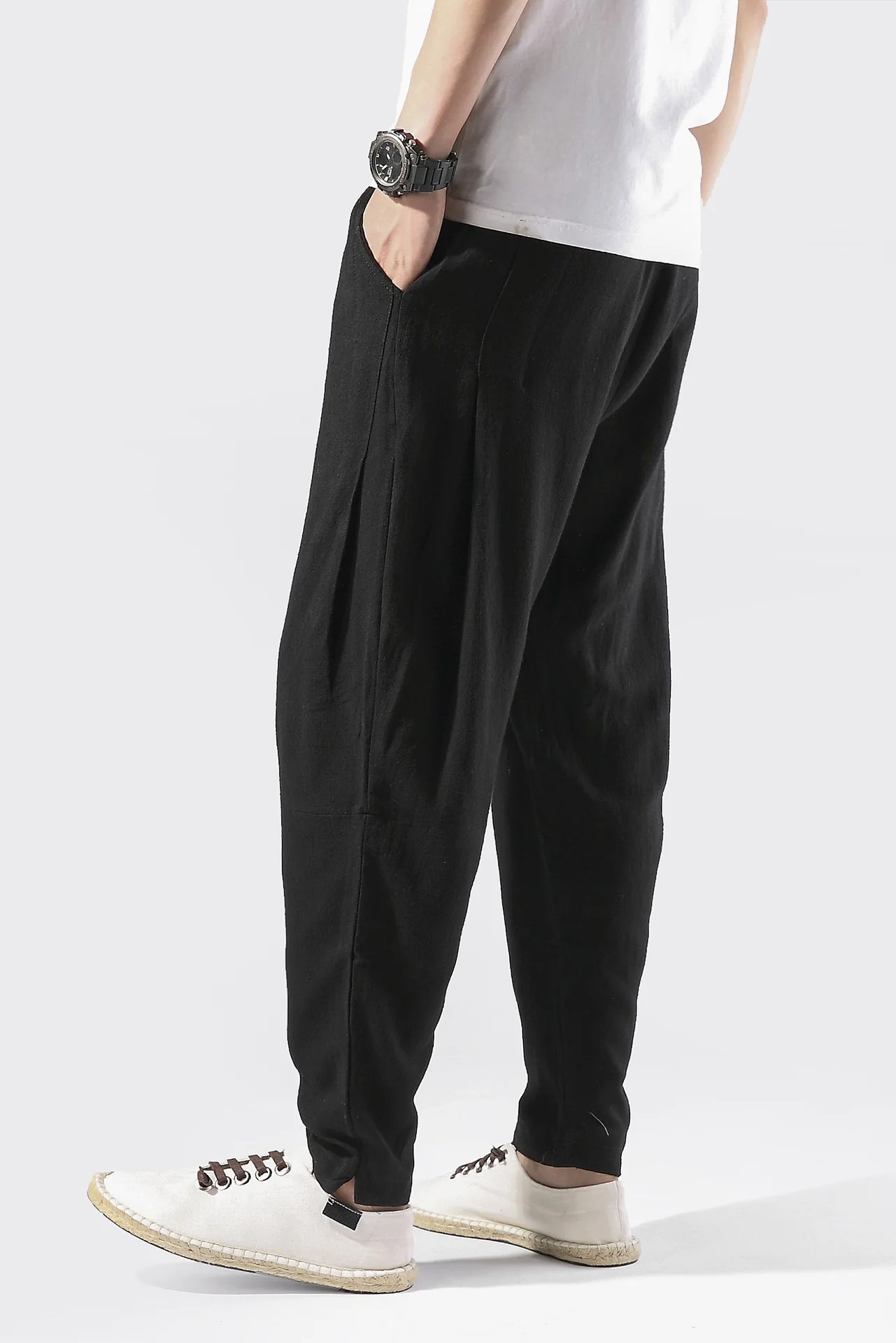 

2020 Casual Pants Men's Chinese Style Linen Harem Sports Pants Beam Feet Cotton and Linen Solid Color Trousers Loose Bloomers