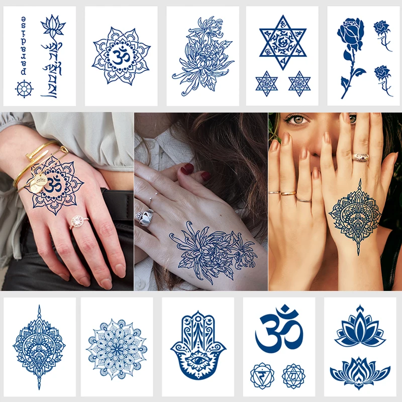

10Pcs/lot fake henna tattoo sticker natural juice ink hand mandala temporary tattoos rose lotus lace indian water transfer tatoo