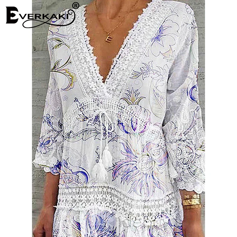 

Everkaki Chiffon Lace Patchwork Tassels Mini Dress Women Boho Floral Print Summer Beach Plus Size Short Dress kaftan Female 2021
