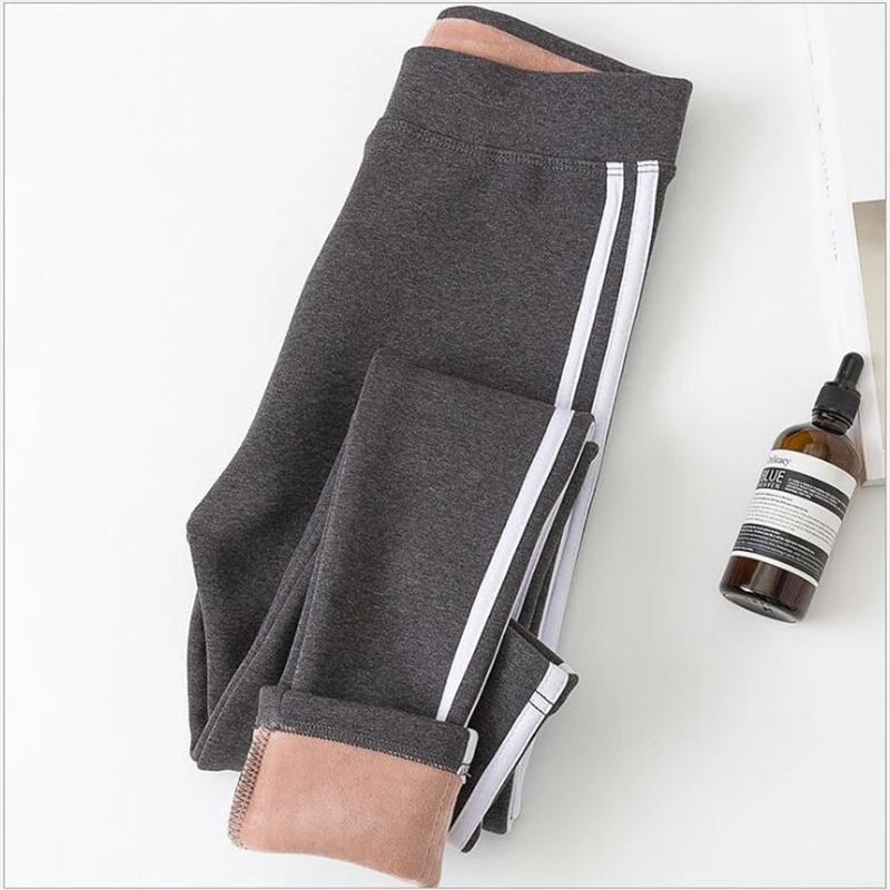 

2019 Casual Winter New cotton Elastic Thicken women Leggings Warm Plus velvet Pants Skinny Side stripe Pants For Women Z275