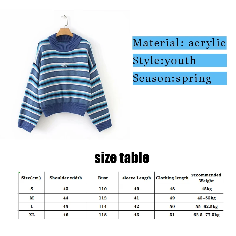 2020 spring new sweater women's top classic blue Vintage stripe wide sleeve embroidery round neck | Женская одежда