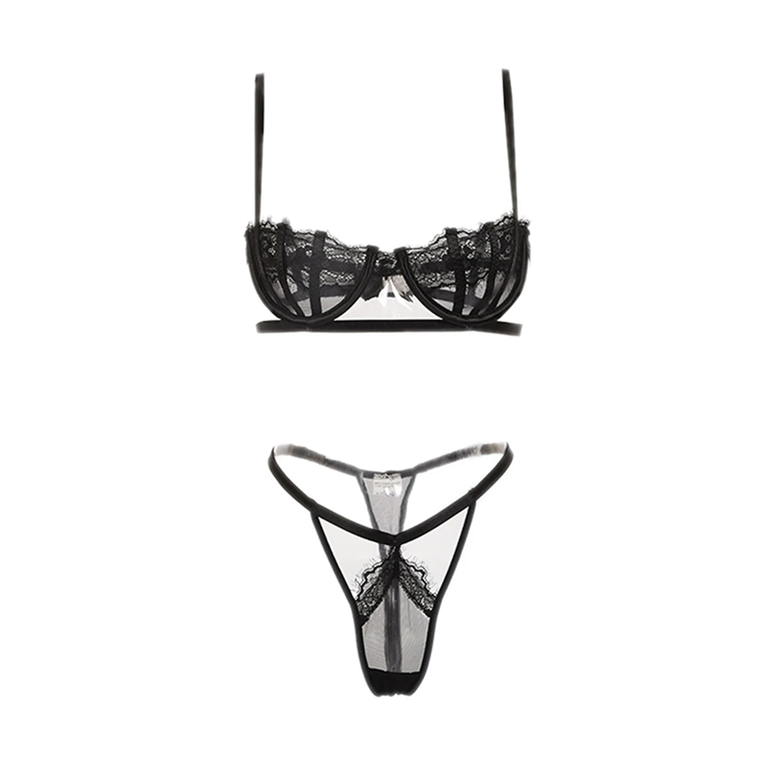 

Women's Lingerie Set Sexy Lace Mesh Hollow Out Open Push Up Bra and Panty Two-piece Suit Black Bandage Underwear