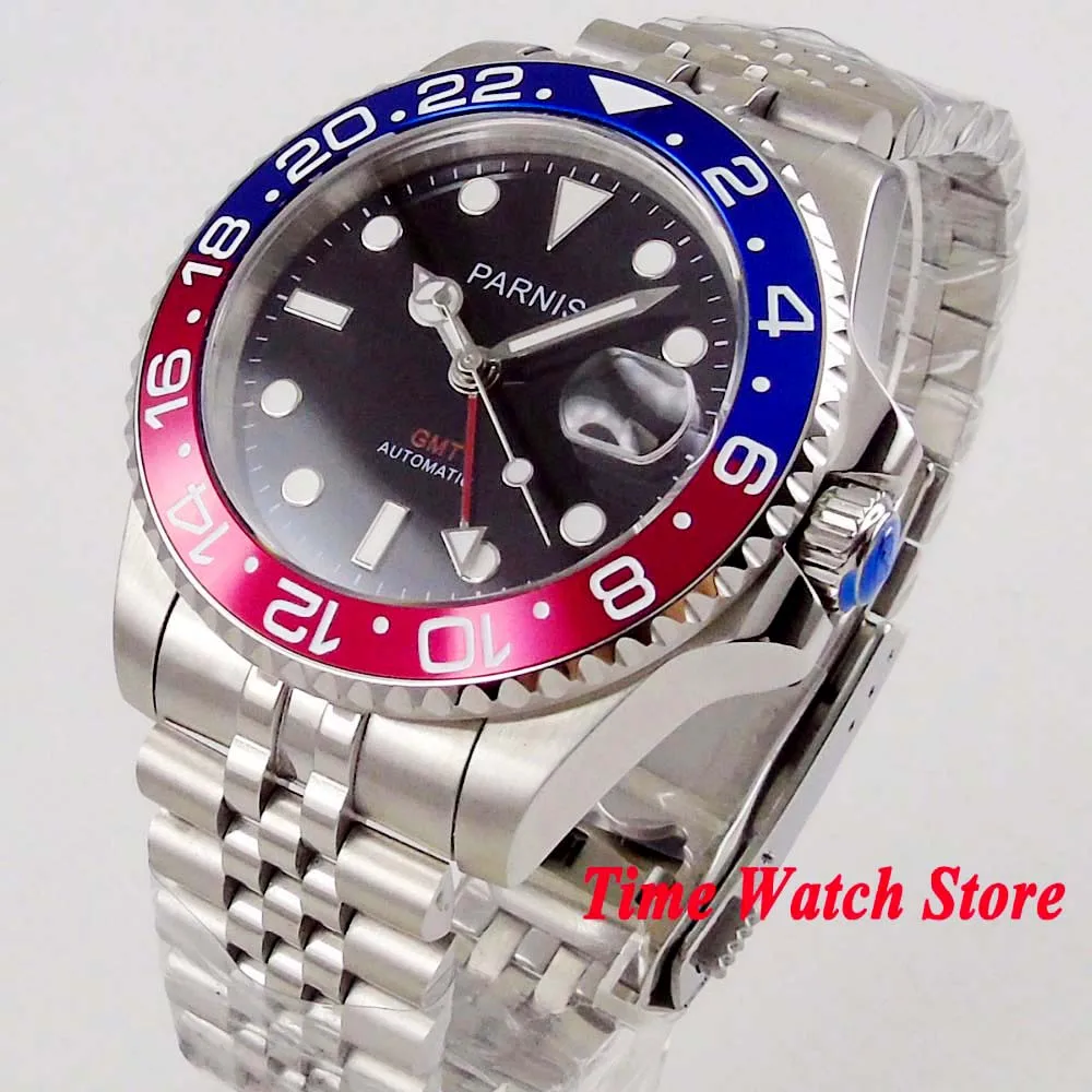 

Luxury Parnis 40mm GMT 3804 automatic watch men sapphire glass waterproof steel red black dial luminous aluminus bezel