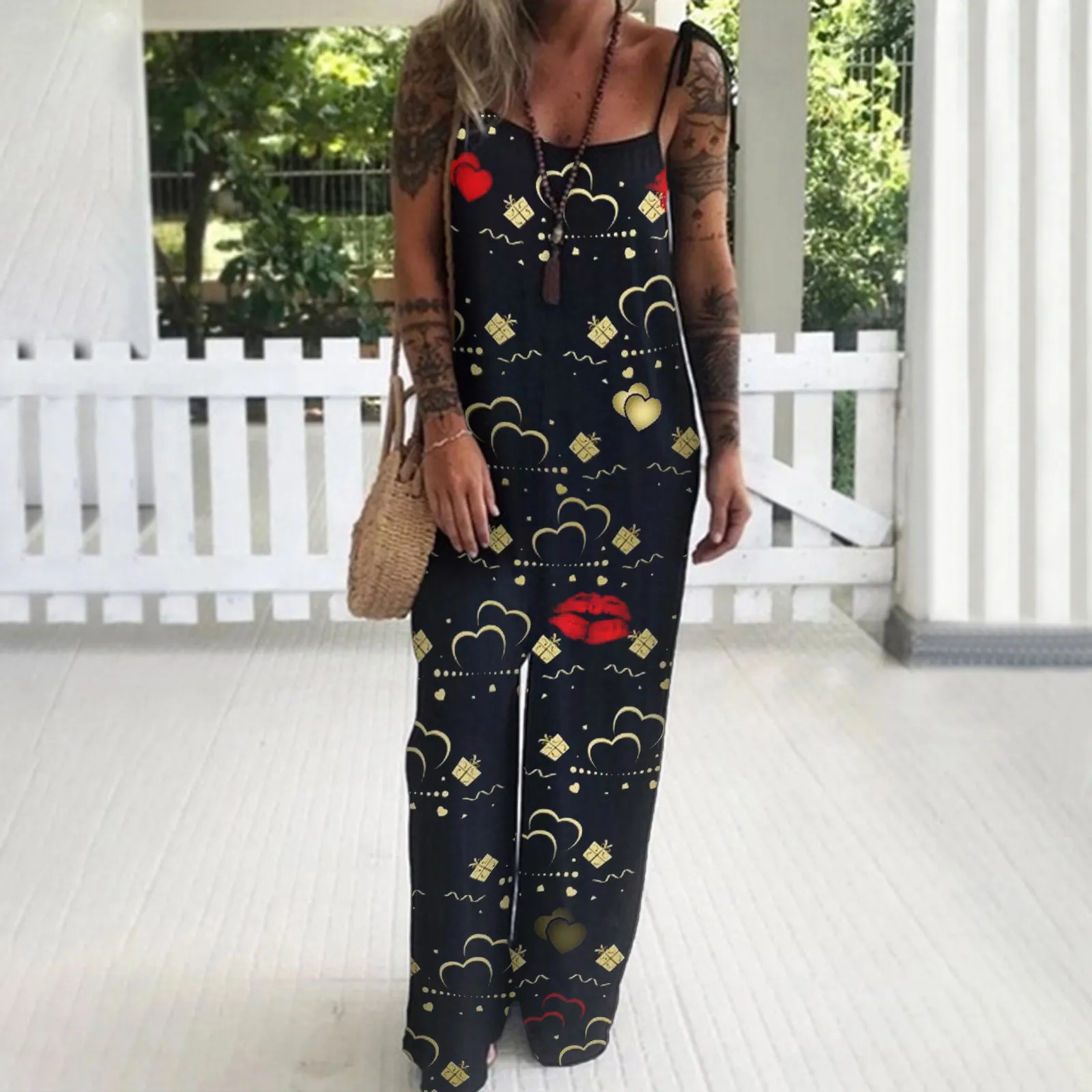 

Women Plus Size Fashion Loose Floral Printed Sleeveless Jumpsuits Small daisy polka dot floral print jumpsu