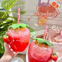 strawberries straw cup plastic cup lovely girl milk tea cup student portable water cup summer water bottle with straw