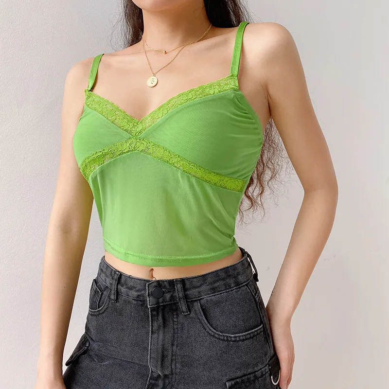 

2021 summer new style women's sexy webbing stitching deep V-neck printed camisole S to L