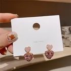 Корейские женские серьги-гвоздики в форме сердца с розовыми кристаллами