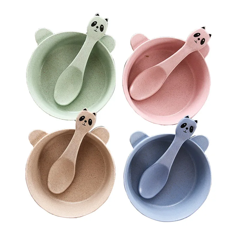 

2 Pcs/Set Baby Feeding Food Tableware Panda Wheat Kid Dishes Eco-Friendly Children Training Dinnerware Plate Bowl Spoon