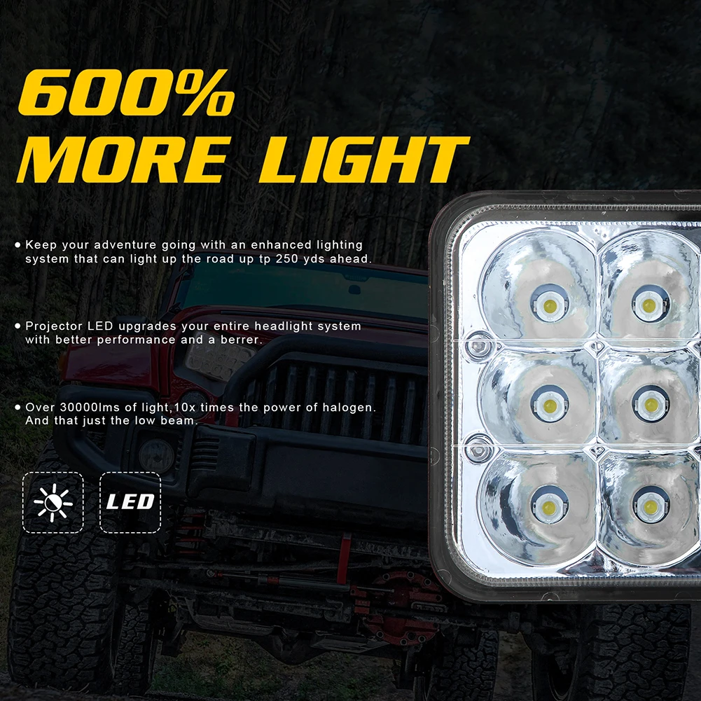 4x6 Inch 180W Car Headlight Square 15LED High Lumen 6000K White Driving Lights Hi/Lo Beam Waterproof For Jeep Chevy Pickup Truck |