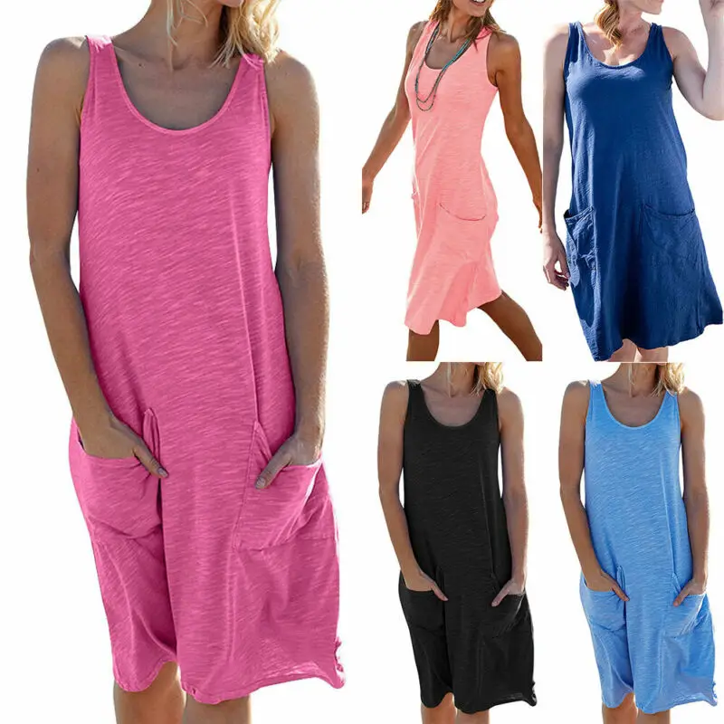 

Womens Dress Solid Color Ladies Dresses Sleeveless Knee Length Summer Shirt Dress vestido feminino Pocket Beach Dress