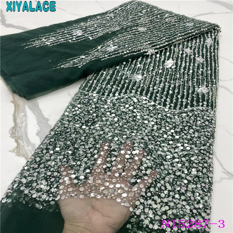 

Exclusive African Lace Fabric 5 Yards Handmade Beaded Lace with Sequins French Net Lace Changing Color Laces for Asoebi KSNI5287