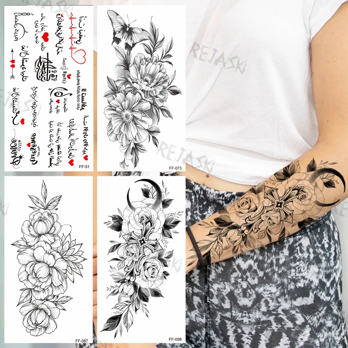 

Временные татуировки Cross Rose для женщин и девушек, реалистичные водонепроницаемые искусственные татуировки 3D для тела с надписью, бабочкой, ...