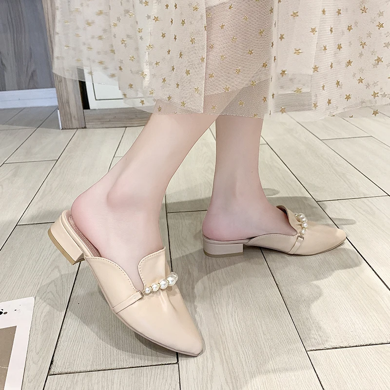 

Cover Toe Shoes Slippers Soft Loafers Slipers Women Slides Low String Bead Fashion Comfort Summer Flat 2021 Pointed Luxury Rubbe