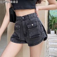 womens denim vintage shorts for women summer 2020 new double pockets high waist wide leg short jeans female street wear shorts