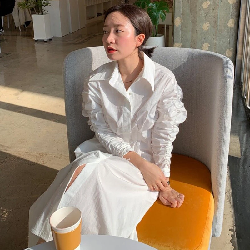 Женское платье с отложным воротником [EWQ] Элегантное Длинное Платье-рубашка