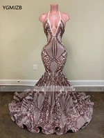 backless dusty rose african girl long prom dresses 2020 halter sleeveless sequin mermaid formal party evening gown