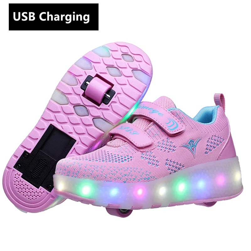 Pink 159 Новинка; модная обувь для девочек и мальчиков с зарядкой через usb; Светодиодный светильник; обувь для катания на роликах для детей; Детские кроссовки с колесами; два колеса - Цвет: Pink 159