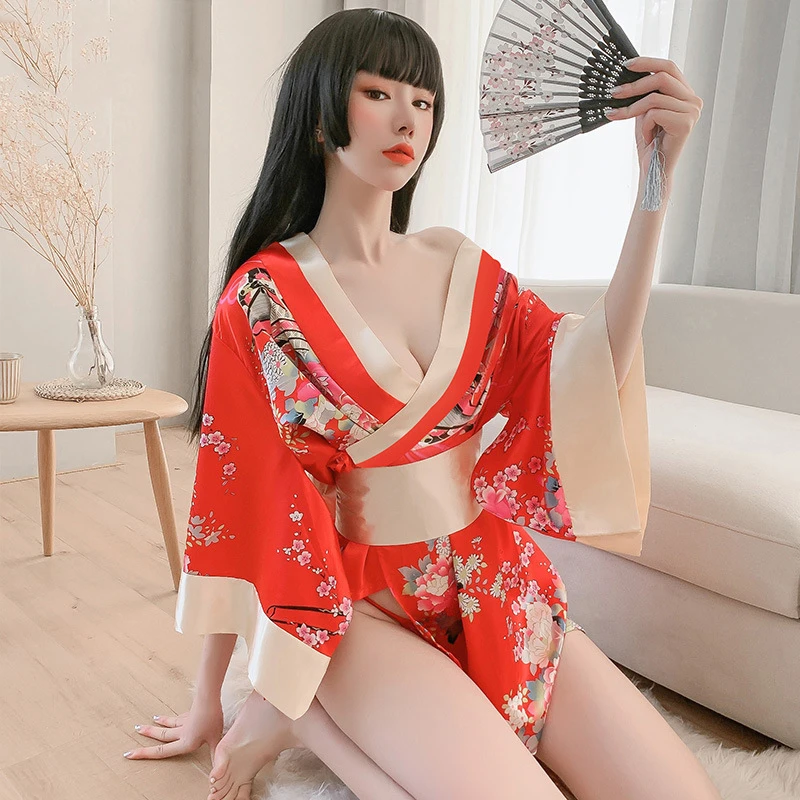 Sexy Nightgown V-Neck Print Pajamas Cosplay Uniform Japanese Kimono Suit Skirt Women Cardigan Geisha Robe Vintage Clothes | Женская