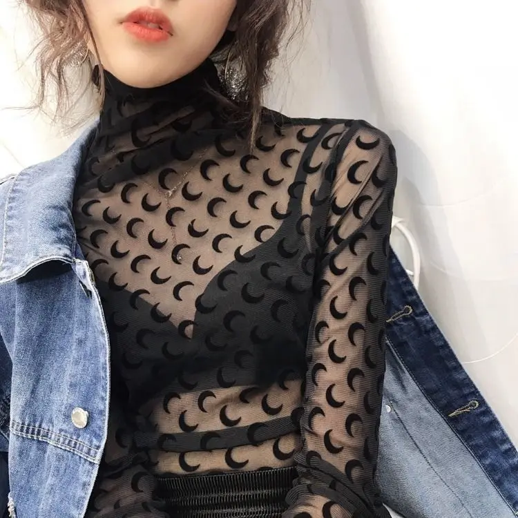 Прозрачный сетчатый сексуальный топ с принтом Луны для женщин круглым вырезом и