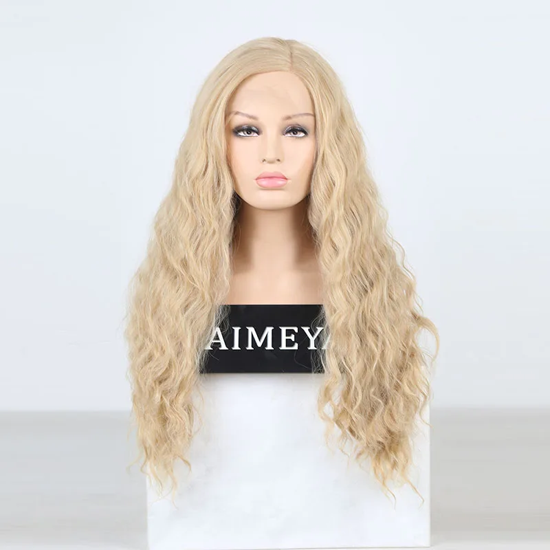 

AIMEYA Ash Blonde Long Wavy Synthetic Lace Front Wig for Women Side Part Loose Body Wave Half Hand Tied Natural Hairline Wigs