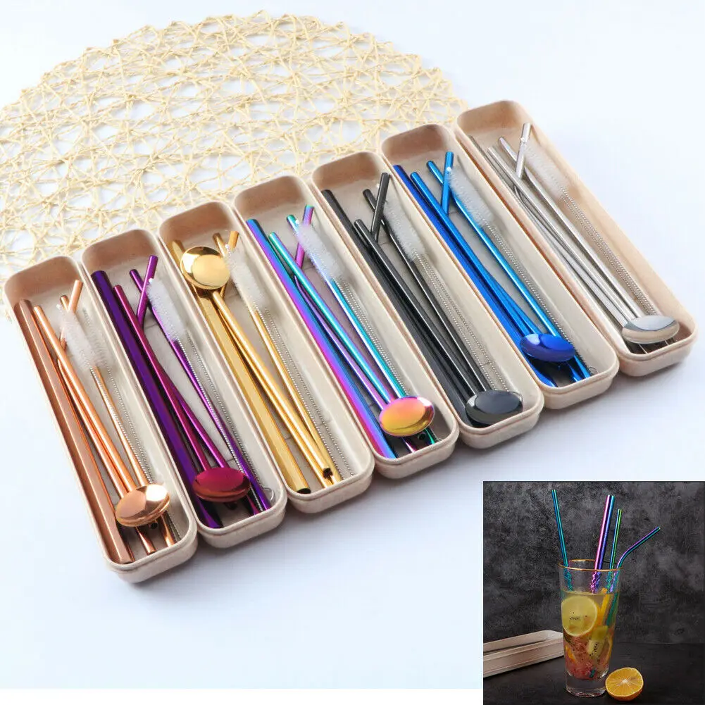 

Многоразовые металлические трубочки 304 из нержавеющей стали, 7 шт., прямые силиконовые трубочки для питья смузи с чехлом для кистей, аксессуа...
