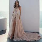 Роскошные темные Свадебные платья цвета шампанского, кружевной корсет с аппликацией из бисера, свадебные платья со шлейфом, с высоким разрезом, 2022