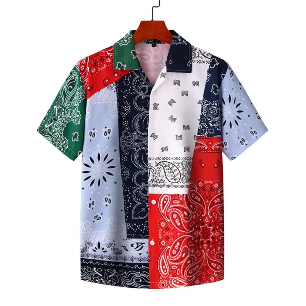 

Summer Men Shirt Printed Lapel Breathable Polyester Male Short Sleeve Single Breasted Beach Casual Shirt Tops рубашка мужская