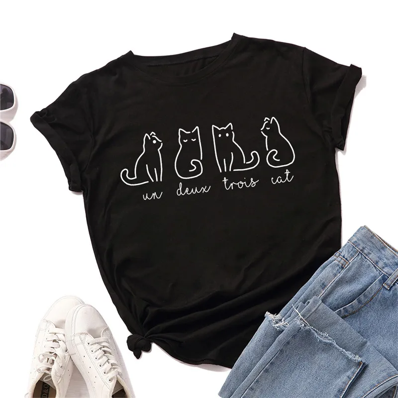 

Women Cartoon Cotton T Shirt Print Cat Summer T-shirts Top T Shirt Ladies Womens O Neck Short Sleeve Graphic Female Tee T-Shirt