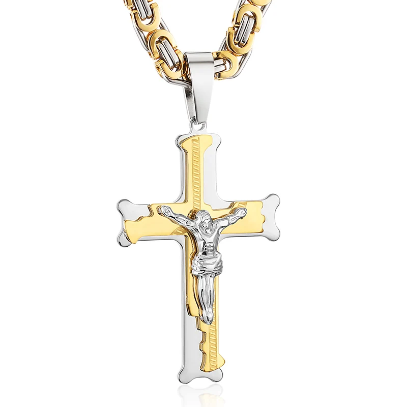 Gold-Silver-Tone Crucifixion Catholic Cross Pedant Necklace Thick Stainless Steel Necklaces Long Personalized Catholic Neckless Men Jewelry Gift - Окраска металла: Gold-Silver-Tone