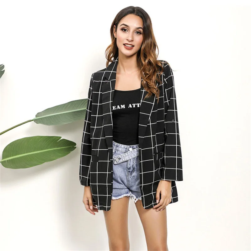 

Casual Lapel Long Sleeve Plaid Printed Cardigan Women Black Coat 2021 Summer Lady Elegant Blazer Fashion Straight Pocket Jacke