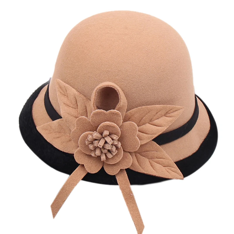 

Popular Three-dimensional Flower Small Top Hat Winter Banquet Woolen Hat Bowler Hat Ladies Dome Leisure Bucket Hat Mother's Gift