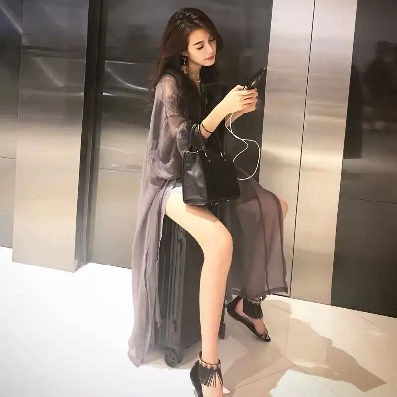 

Summer Women Solid Long Thin Cardigan Sun Protection Clothing Tops Female Long-sleeve Loose Beach Cardigans Thin-style Coat Y221